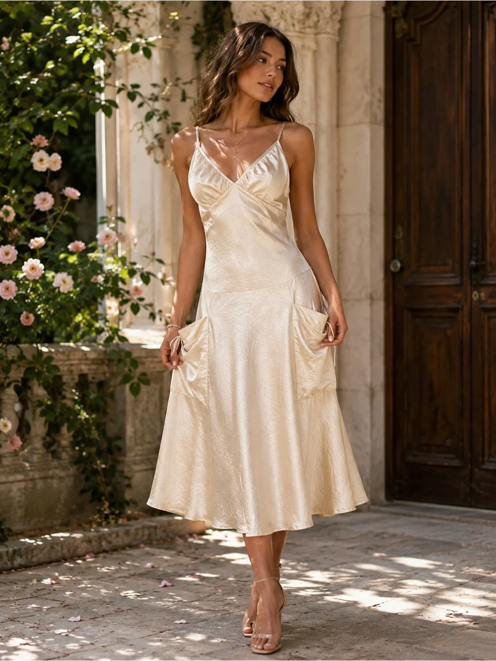 Romantic Coquette Fairycore Satin Midi Dress Champagne Gold Pockets US 8 - Picture 8 of 8